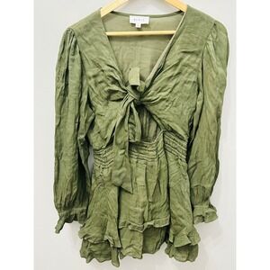 MABLE Olive Green Tie Front Shirt Ruffle Hem Smocked Waist Large
